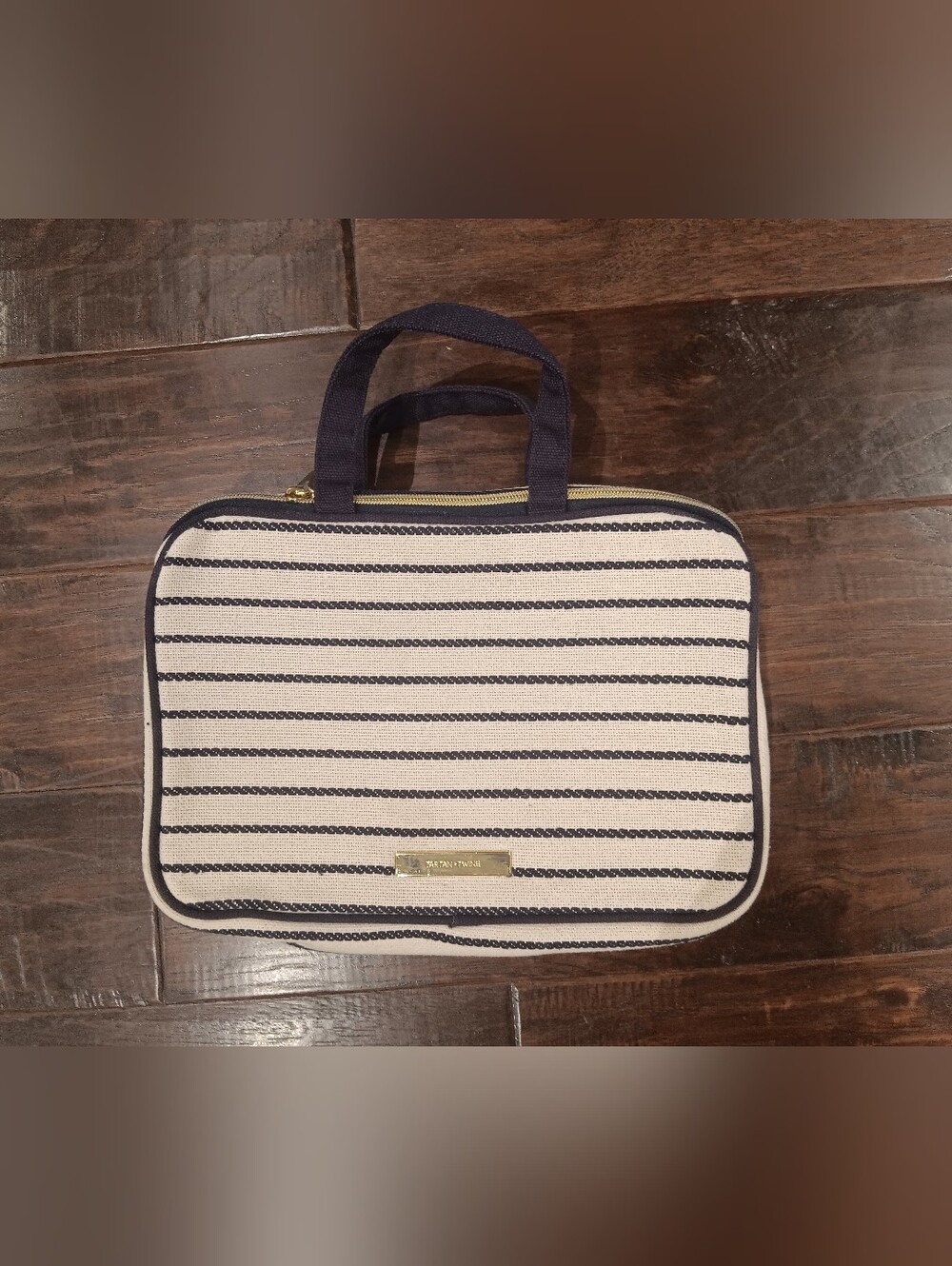 Tartan + Twine Travel Makeup Organizer Case Navy Blue White Striped Toiletry Bag